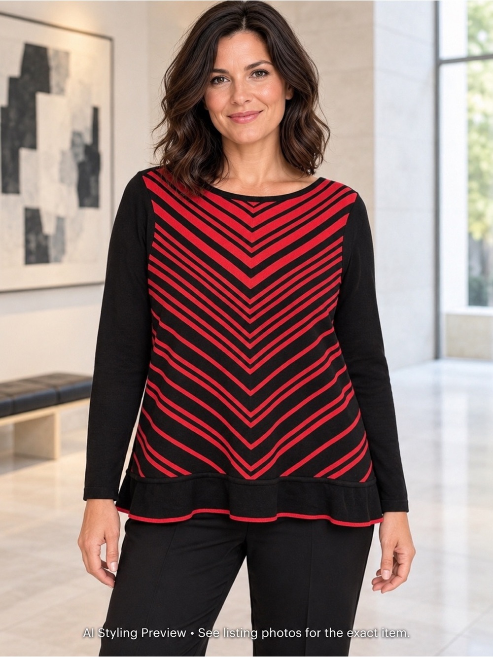 Betty Barclay US 14 L Black Red Chevron Stripe Ruffle Hem Sweater